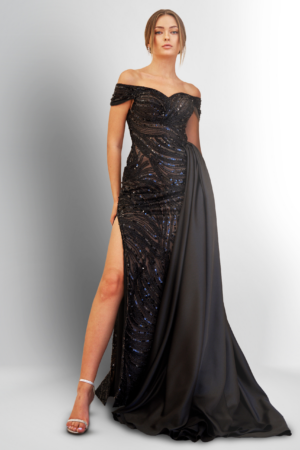 Embroidered Sequin Gown with Side Drape