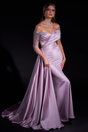 Embroidered Draped Off-Shoulder Gown