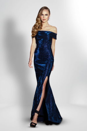 Round Off-Shoulder Glittery Gown with Side Slit