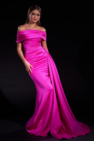 Pleated Round Off-Shoulder Gown with Side Drape
