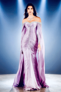 A woman wearing crystal-embellished gown