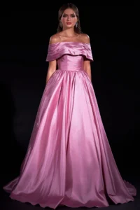 Luxurious pink satin off-shoulder ball gown with fitted bodice and full skirt, ideal for formal galas and elegant events