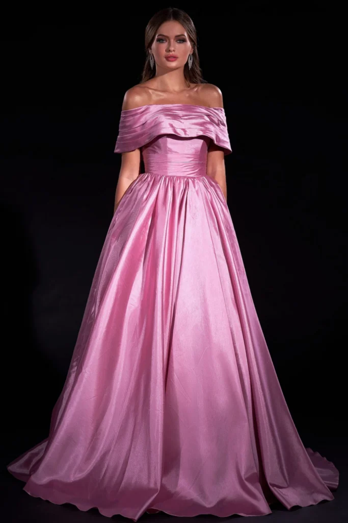 Luxurious pink satin off-shoulder ball gown with fitted bodice and full skirt, ideal for formal galas and elegant events
