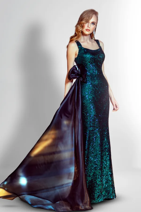 Strap Sequin Green Gown with Side Organza Flower