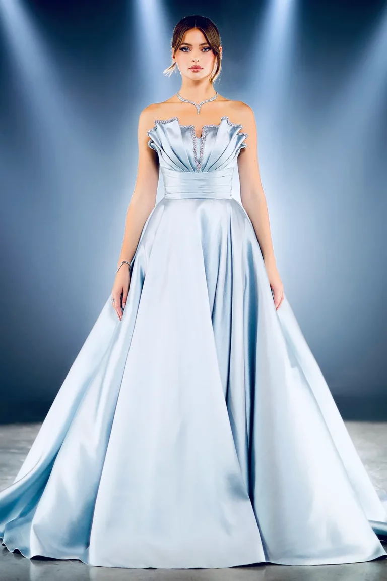 Woman in a strapless perfect blue gown.