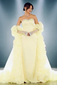 Pearl Beaded Gown with Ruffled Cape