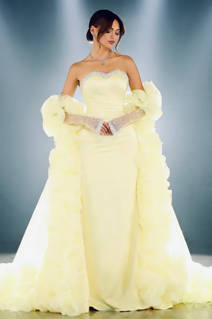 Pearl Beaded Gown with Ruffled Cape