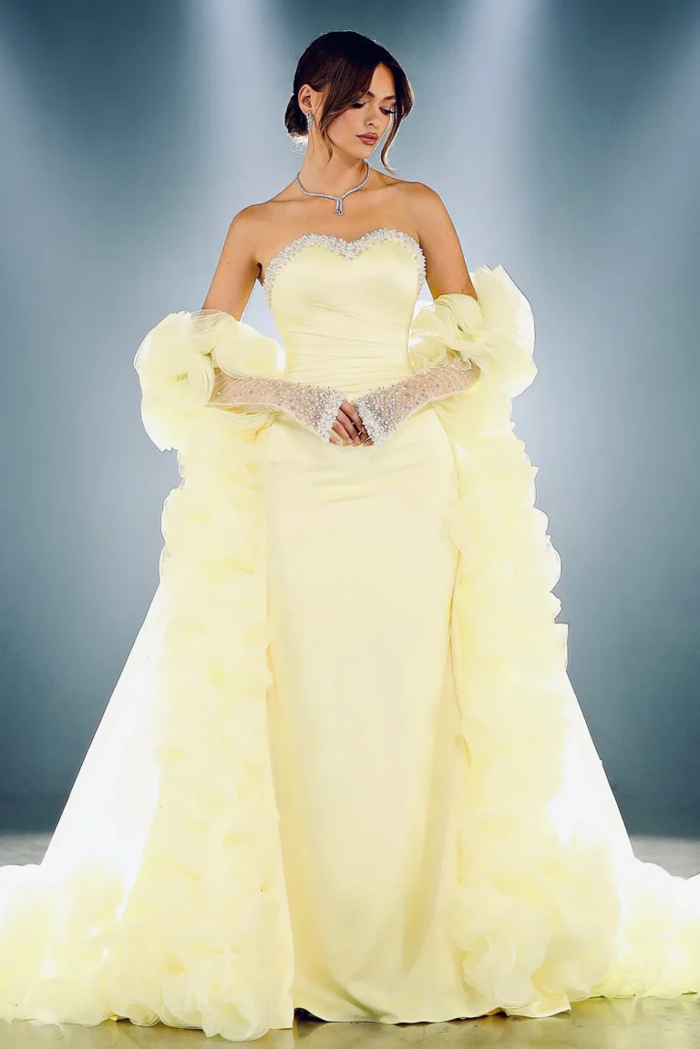 Pearl Beaded Gown with Ruffled Cape