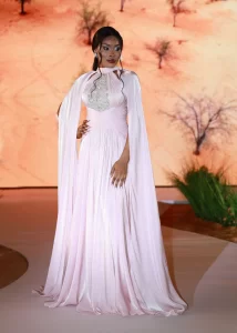 beautiful black model with masterfully designed white dress