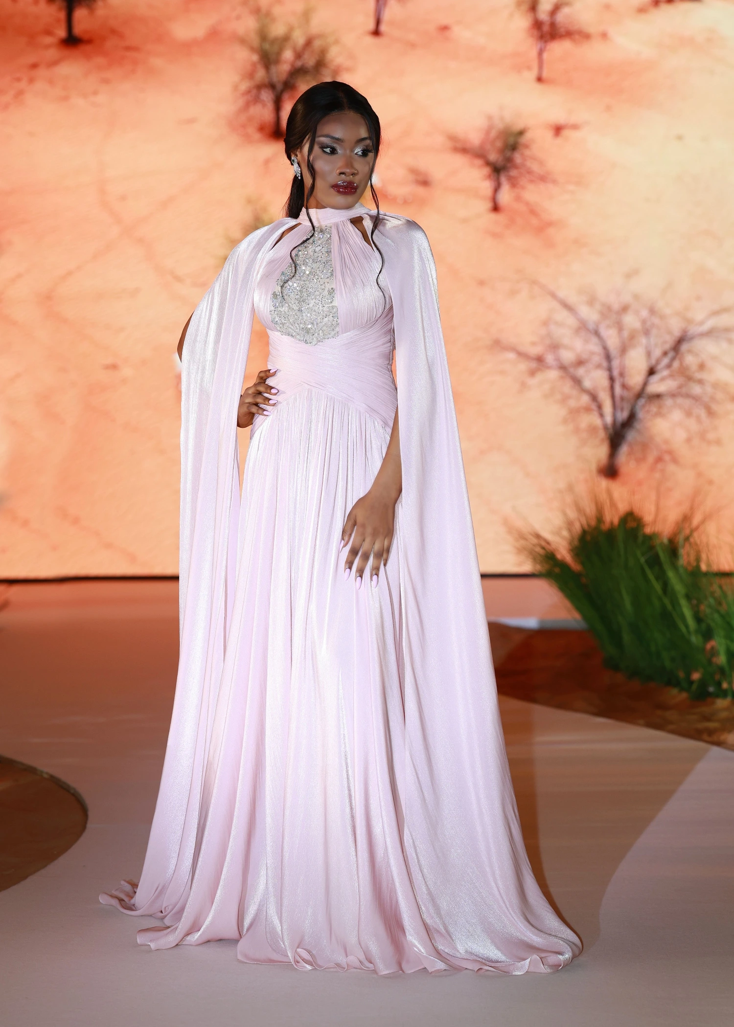 beautiful black model with masterfully designed white dress